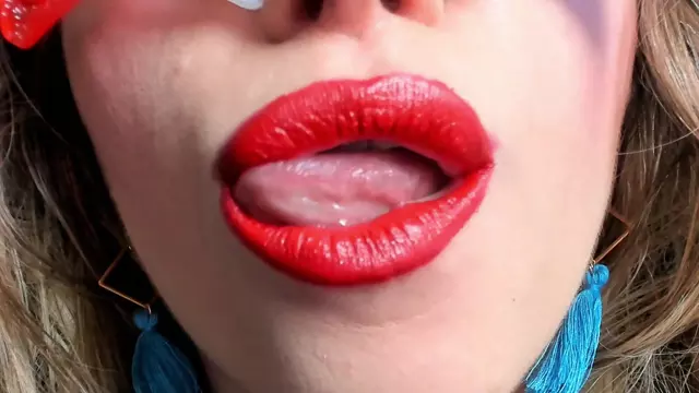 Poster: Petite Mercy - Poppy Red Lipstick Blowing Bubbles -Handpicked Jerk-Off Instruction