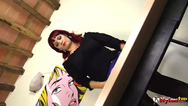 Poster: Hot secretary Mary Rider stimulates her clit with a purple vibrator in the off